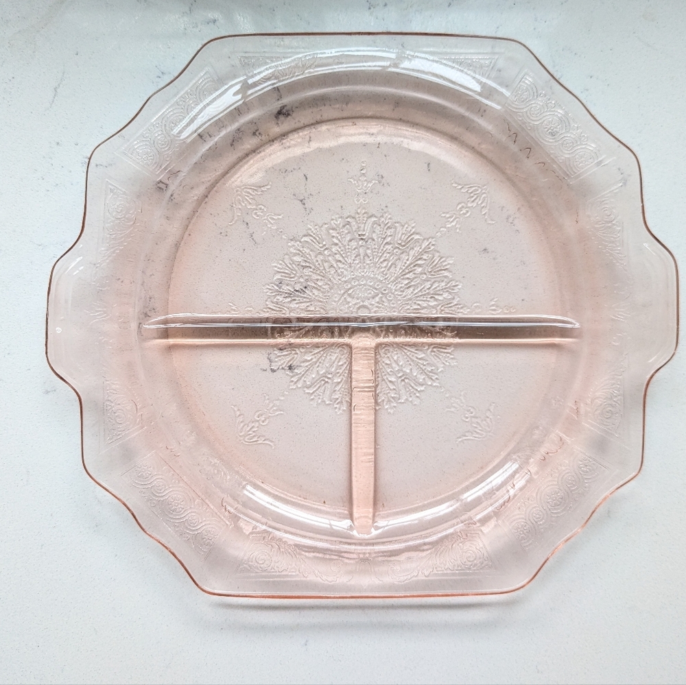 Pink depression glass divided grill 10.5" serving plate dish 3 sections